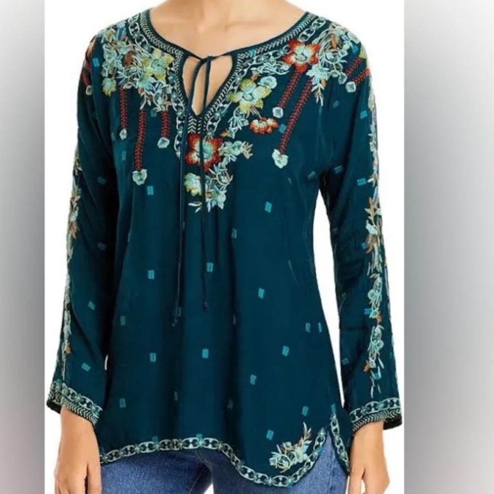 NWT Johnny Was Gemma Embroidered Blouse Boho Teal Size Medium